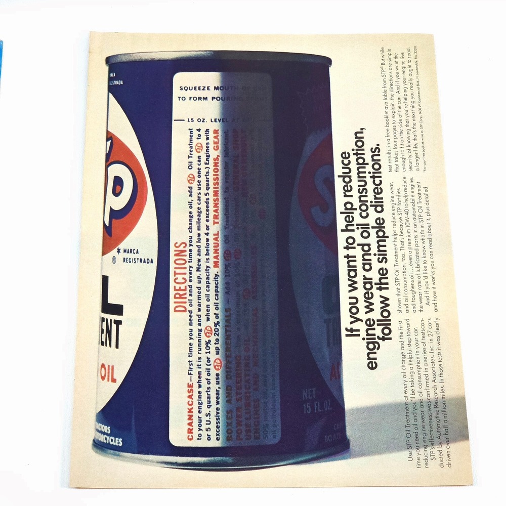 STP Vintage Print Ad Oil Can Promo Art Garage Decor 1970s Advertising Car Craft